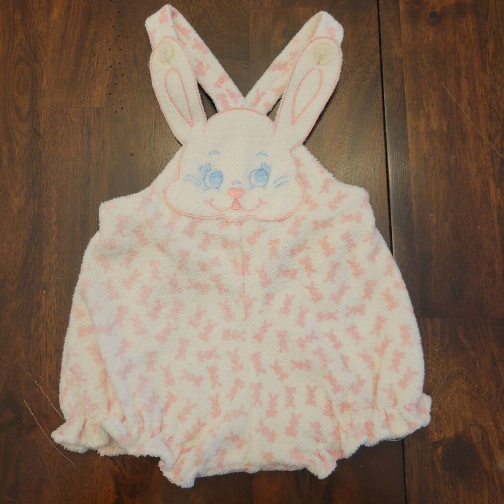 Vintage Baby Girls Pink White Plush Bunny Bubble Romper Overalls Easter 3-6M